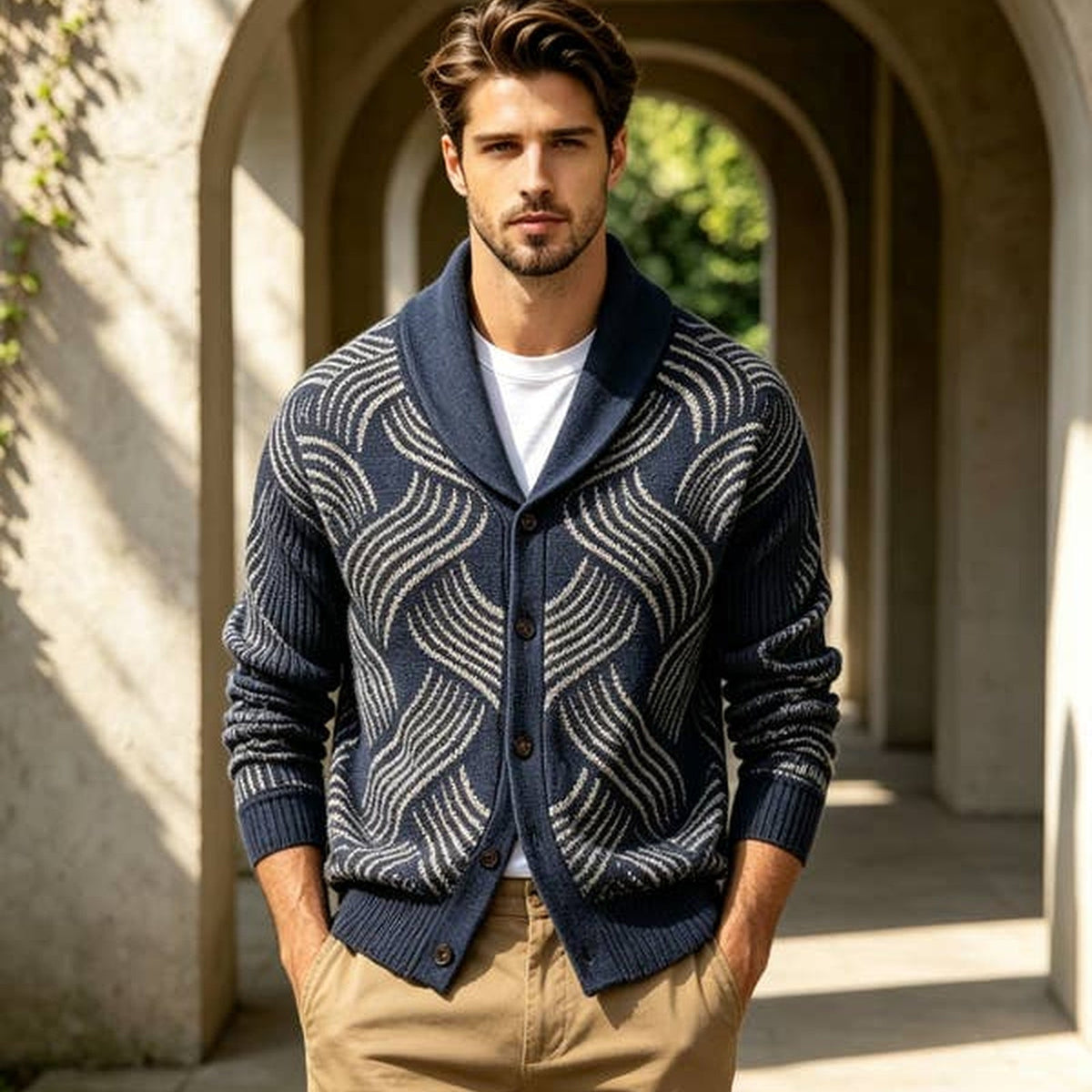 A model wearing a patterned shawl collar cardigan