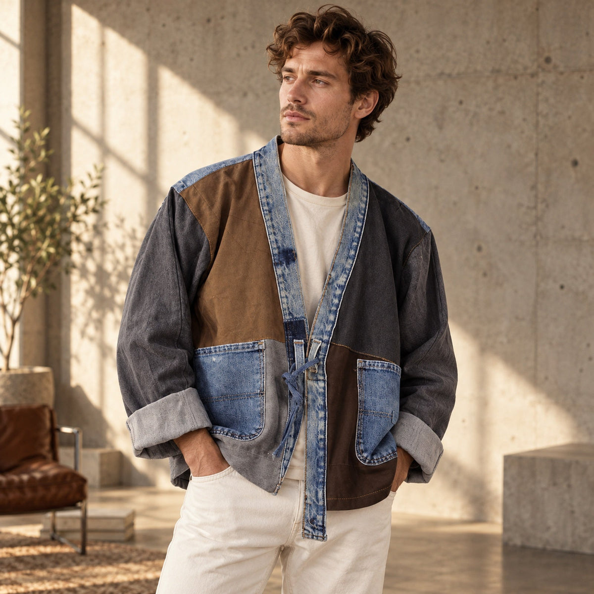 A model wearing a patchwork denim jacket in warm architectural light