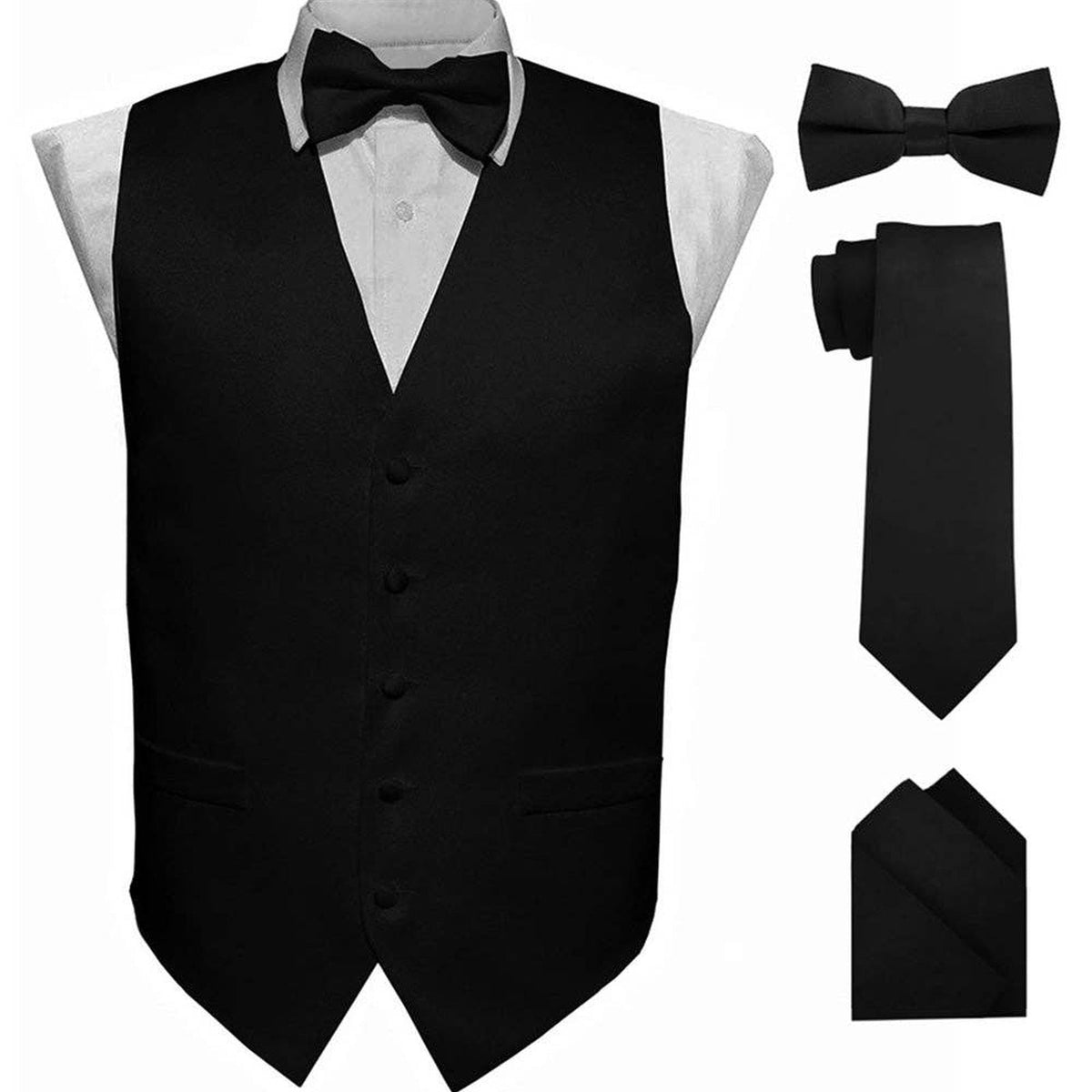 Vittorio Farina Men's Satin Vest, Necktie, Bow Tie and Pocket Square Set with Black Back — Close-up