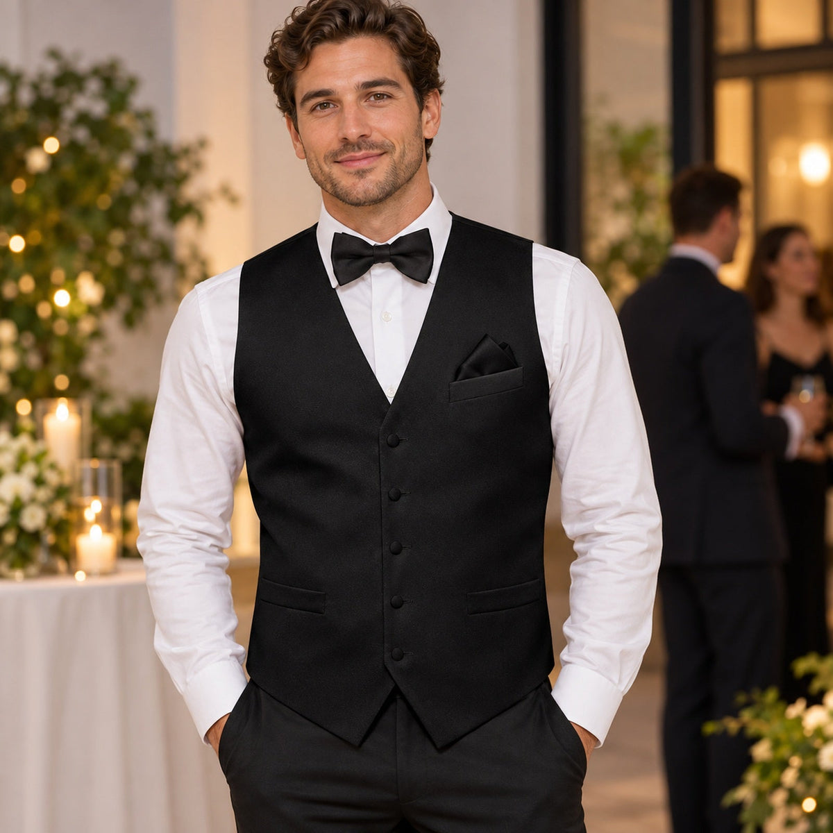 Vittorio Farina Men's Satin Vest, Necktie, Bow Tie and Pocket Square Set with Black Back — Lifestyle
