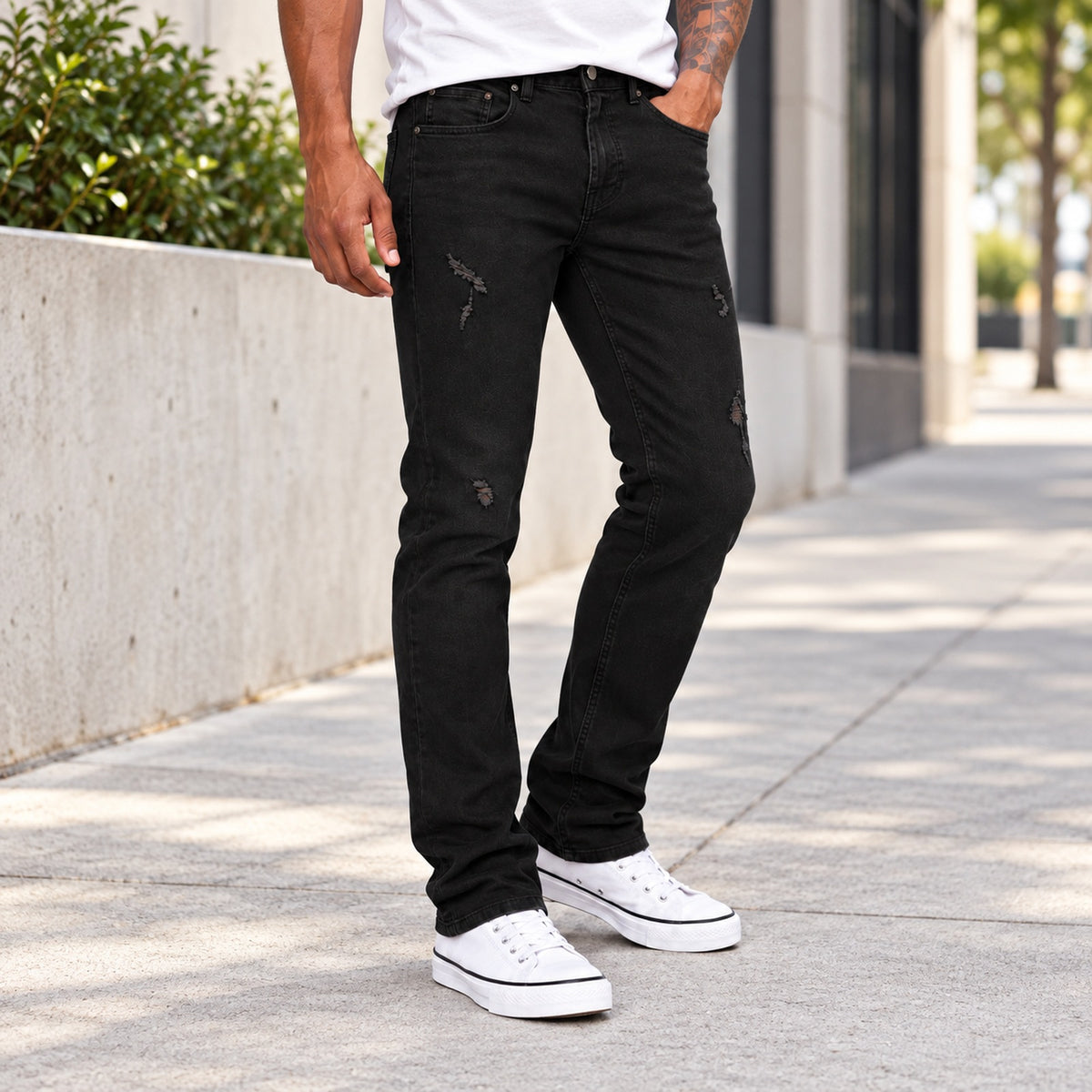 FJS-5003 Solid Black Ripped Jeans — Lifestyle