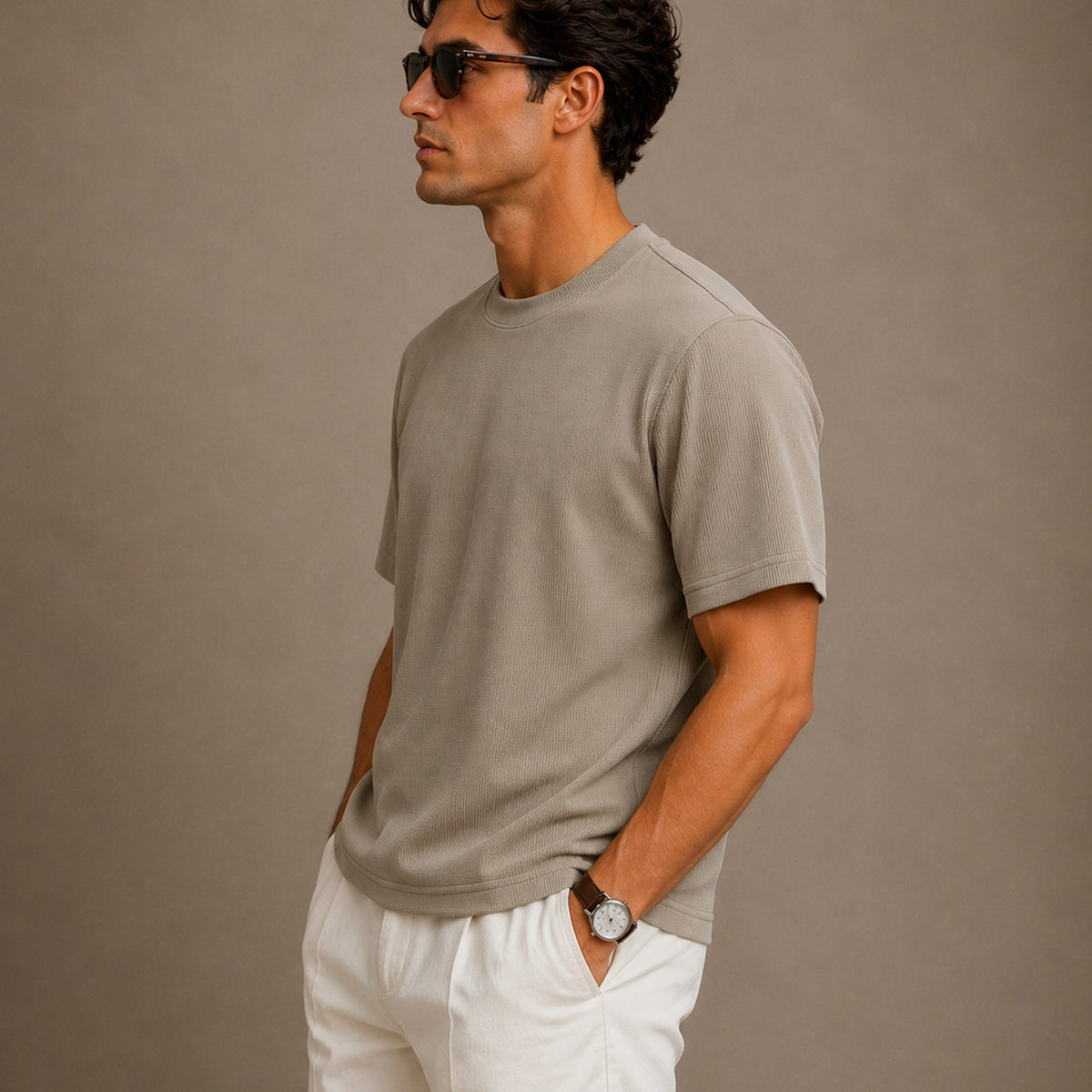 Men's Short Sleeve Textured T-Shirt (Khaki) — Close-up