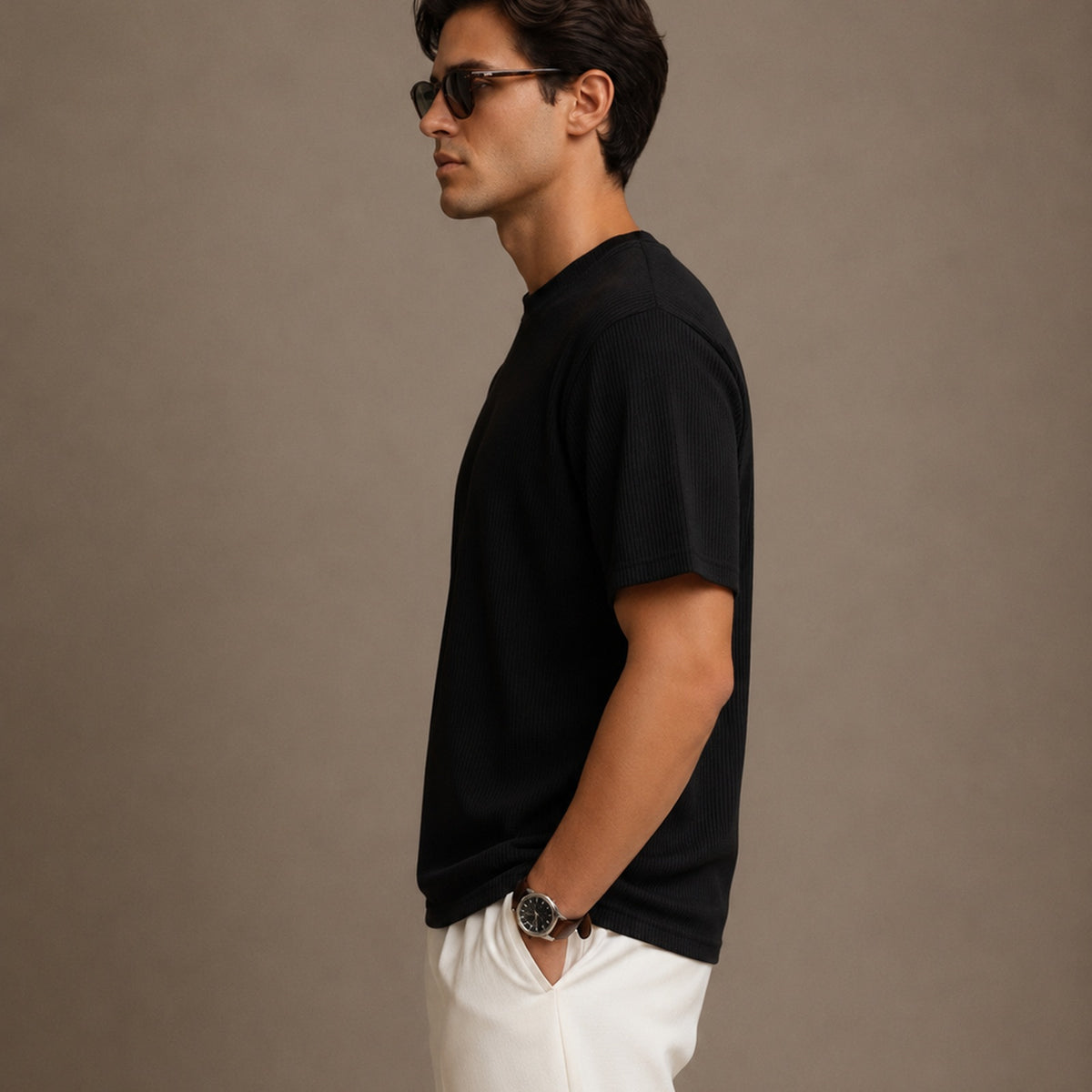 Men's Short Sleeve Textured T-Shirt (Black) — Close-up