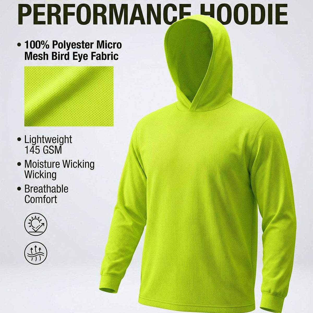 Poliester Hooded Long Sleeve . Moisture Wickening Quick Dry. — Close-up
