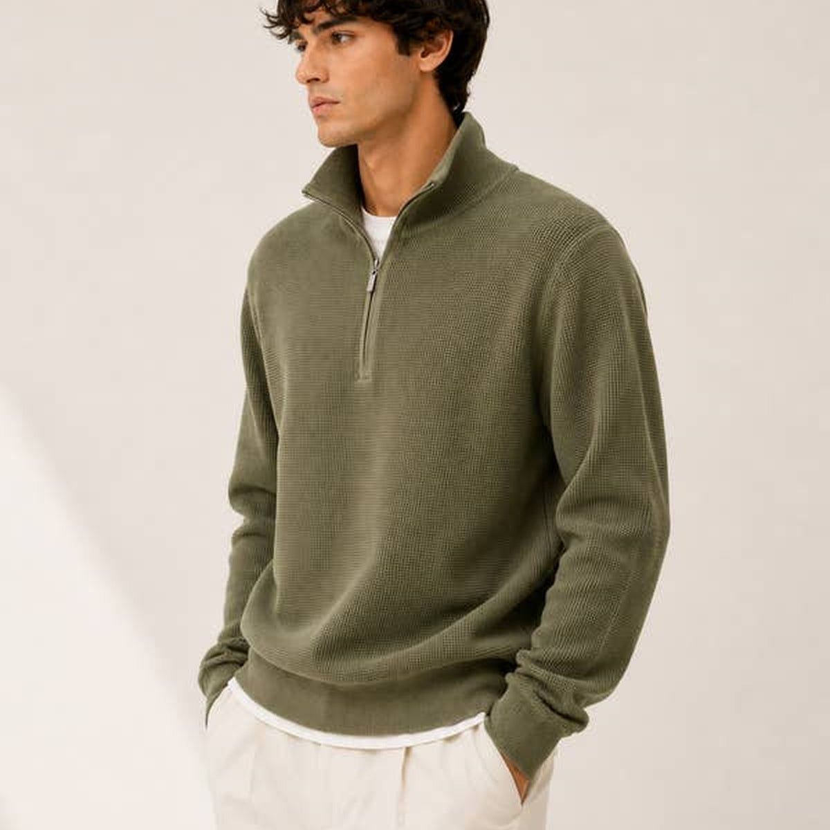 J6925 Zip-Up High-Neck Sweater Khaki — Lifestyle
