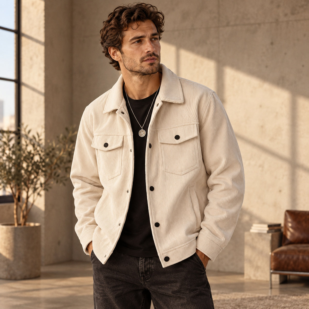 Men's Collared Button-Front Long-Sleeve Jacket — Lifestyle