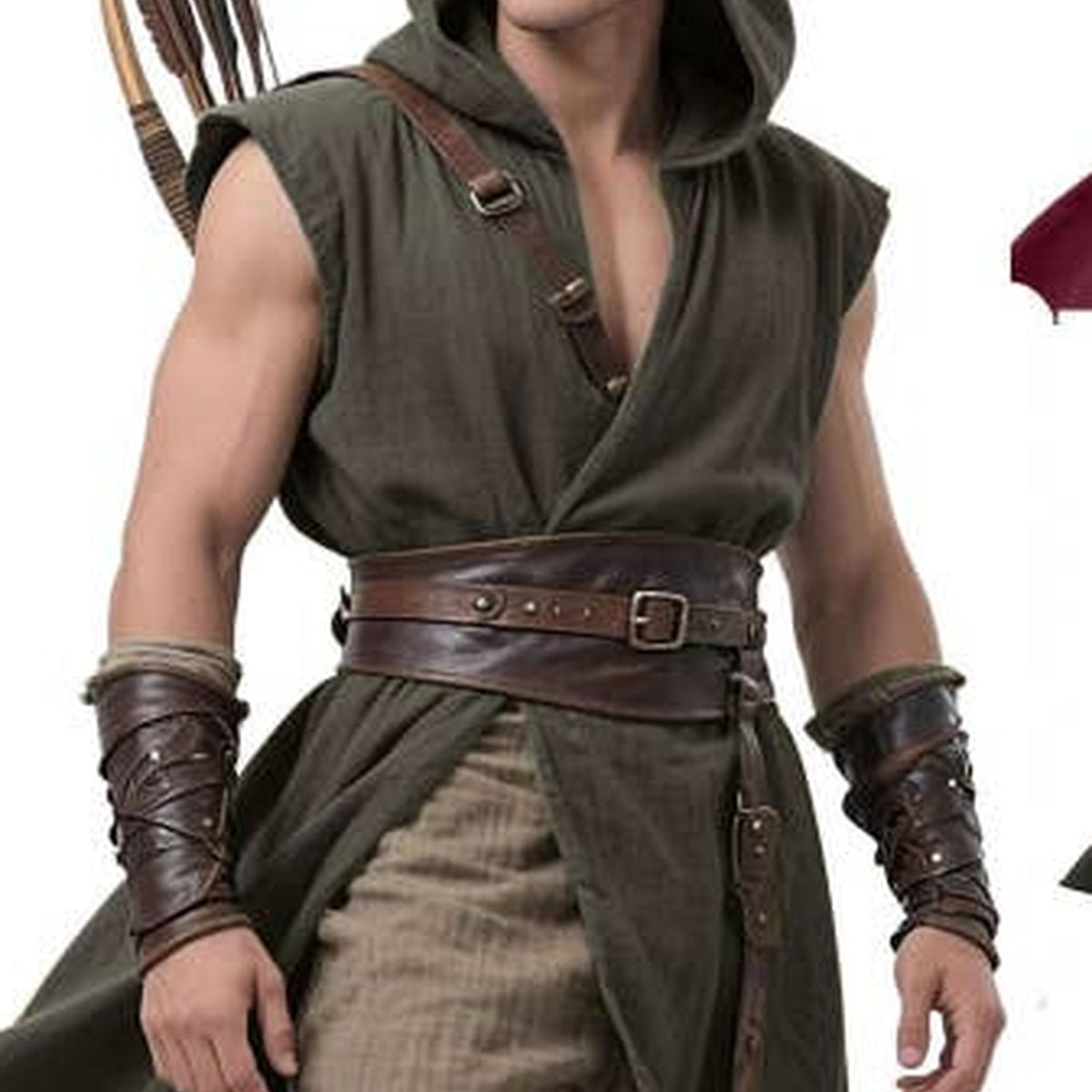 Men's Viking Medieval Hooded Sleeveless Coat — Close-up