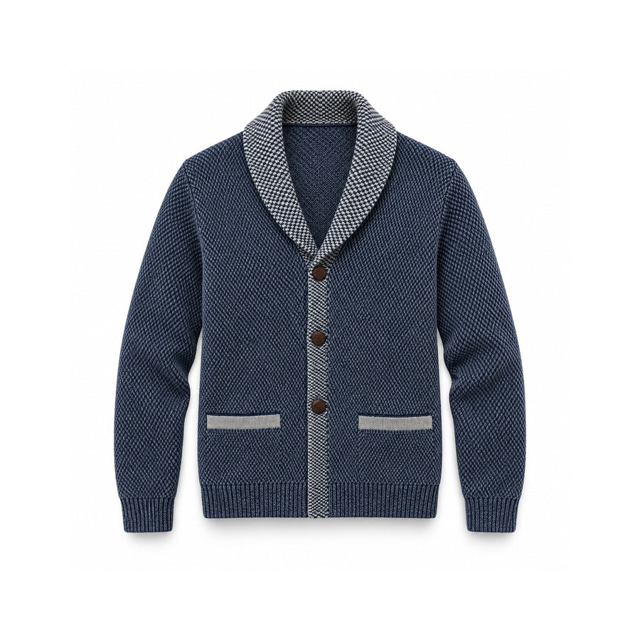 Men's Vintage Washed Denim Blue Knit Cardigan — Main